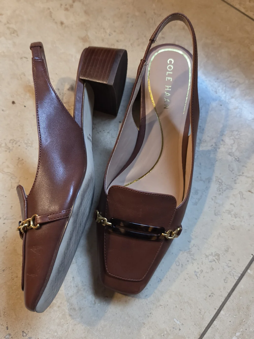Cole Haan Brown Leather Slingback Loafers with Tortoiseshell Bar